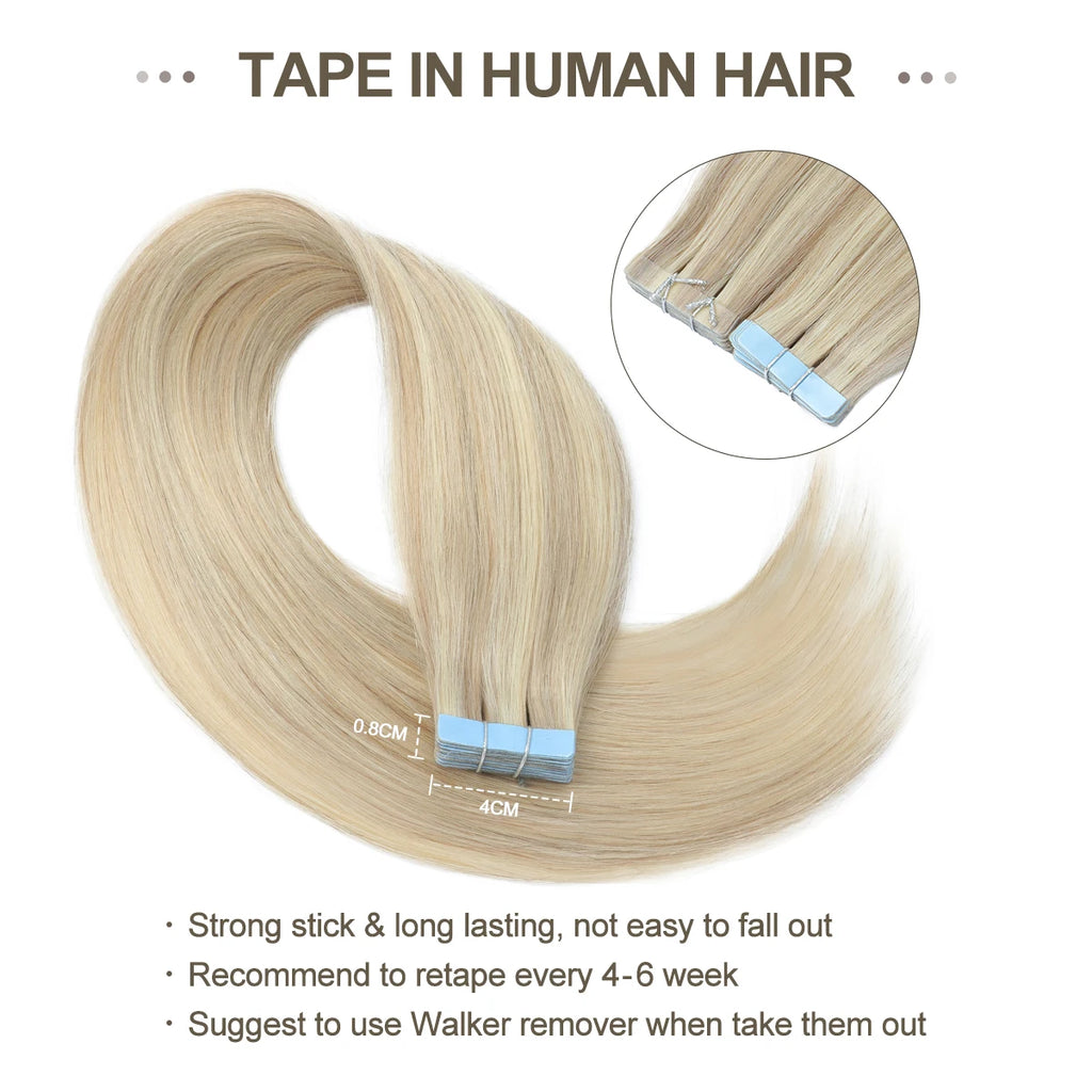 MRSHAIR cinta en extensiones de cabello cabello humano Rubio cinta sin costuras extensiones de cabello 4x0,8 cm trama de piel cinta de PU en el cabello 20 piezas 12 "-24"