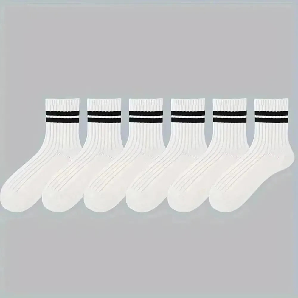 6/10 pares de calcetines para hombre, calcetines sencillos informales a rayas blancas y negras para primavera y otoño, calcetines transpirables de tubo medio, calcetines de cuello redondo de alta calidad