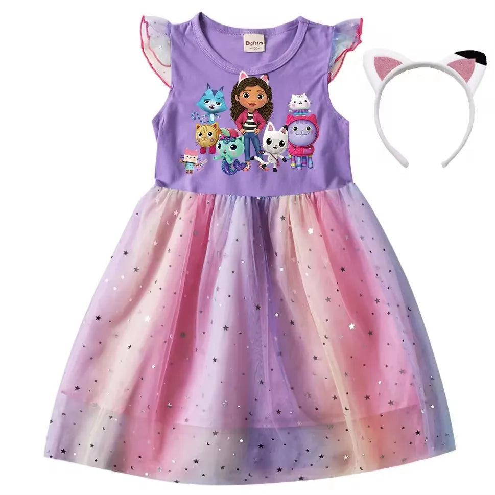 Vestido de gato de dibujos animados para niñas, vestido de princesa estampado con diadema, vestido tutú con mangas voladoras para niños, vestido de cumpleaños de Pascua