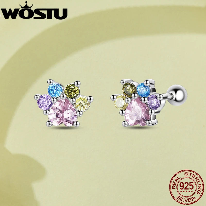 WOSTU-pendientes de plata de ley 925 con diseño de animales y patas bonitas de arcoíris para mujer, aretes con forma de corazón, flor ovalada, circonita, cangrejo, regalo de joyería