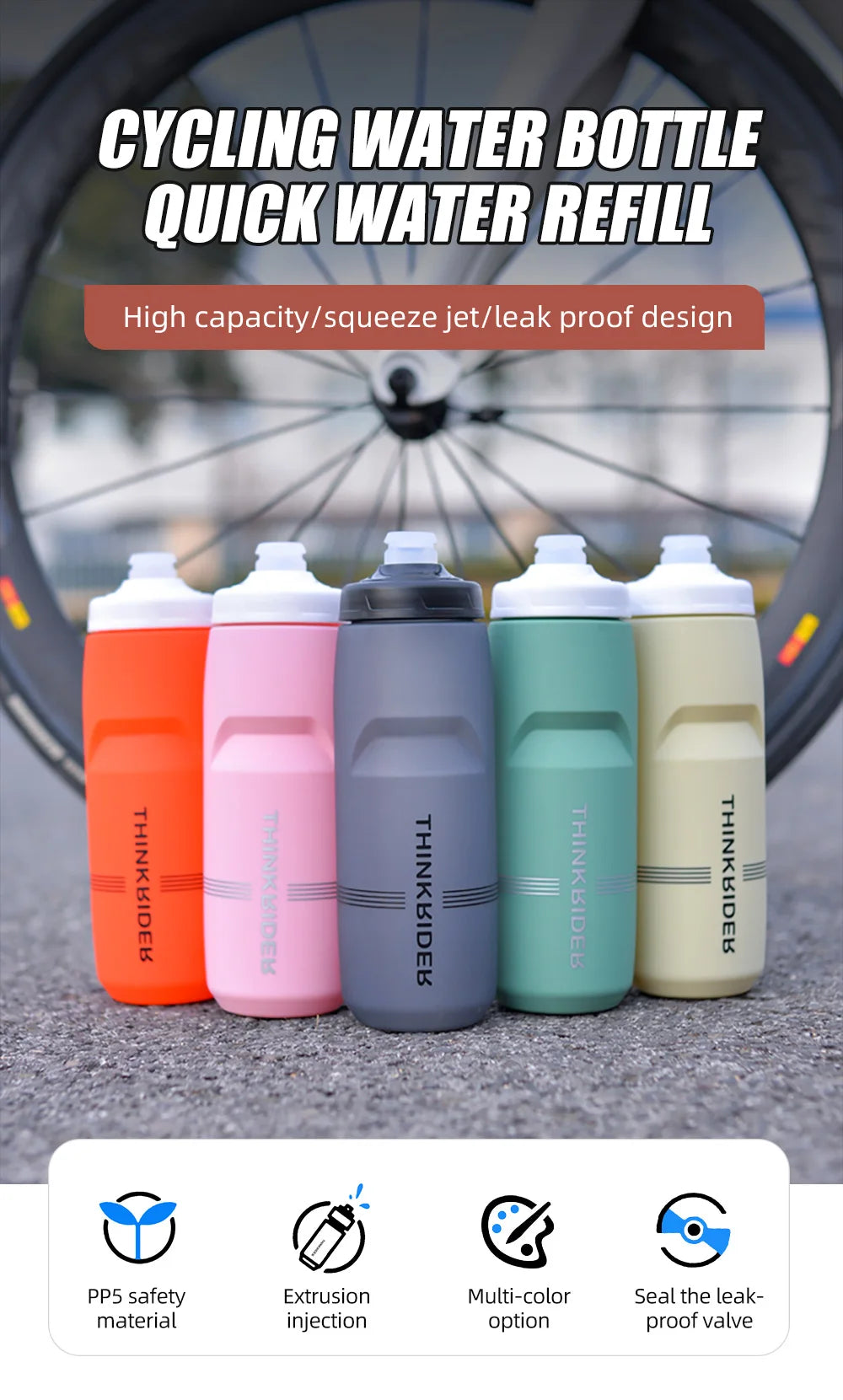 ThinkRider-botella de agua para bicicleta de montaña y carretera, botella de plástico portátil de gran capacidad para deportes al aire libre, 620ml/750ml