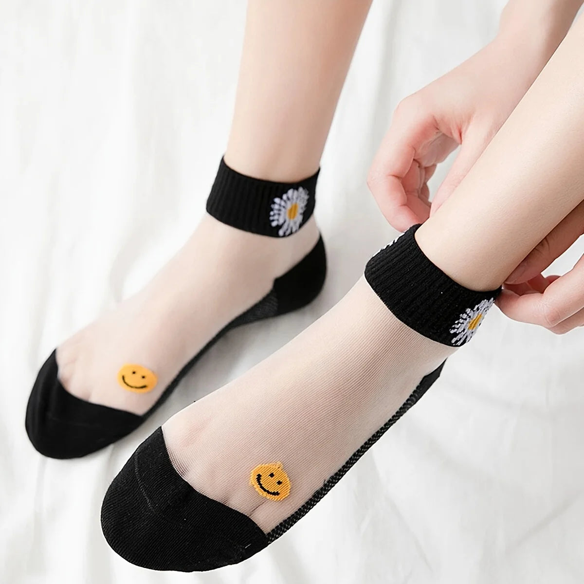 Conjunto de calcetines cortos de Daisy & Smiley para mujer, ropa informal, cómoda y transparente, diseño juguetón, 5 pares