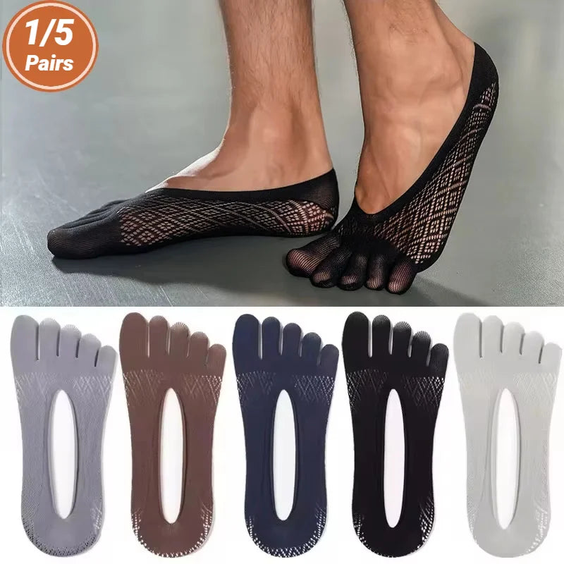 1/5 Pares de Calcetines Invisibles de Verano para Hombre, Calcetines de Cinco Dedos, Finos, de Terciopelo, Antideslizantes, Transpirables, Elásticos, de Seda Suave