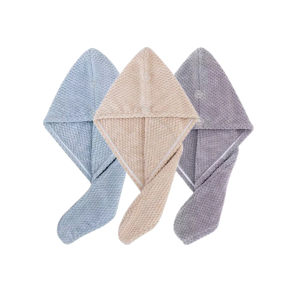 Toalla para el cabello de color sólido Gorro para el cabello seco texturizado 9,8 "X 25,5" toalla absorbente para el cabello para mujeres con botones