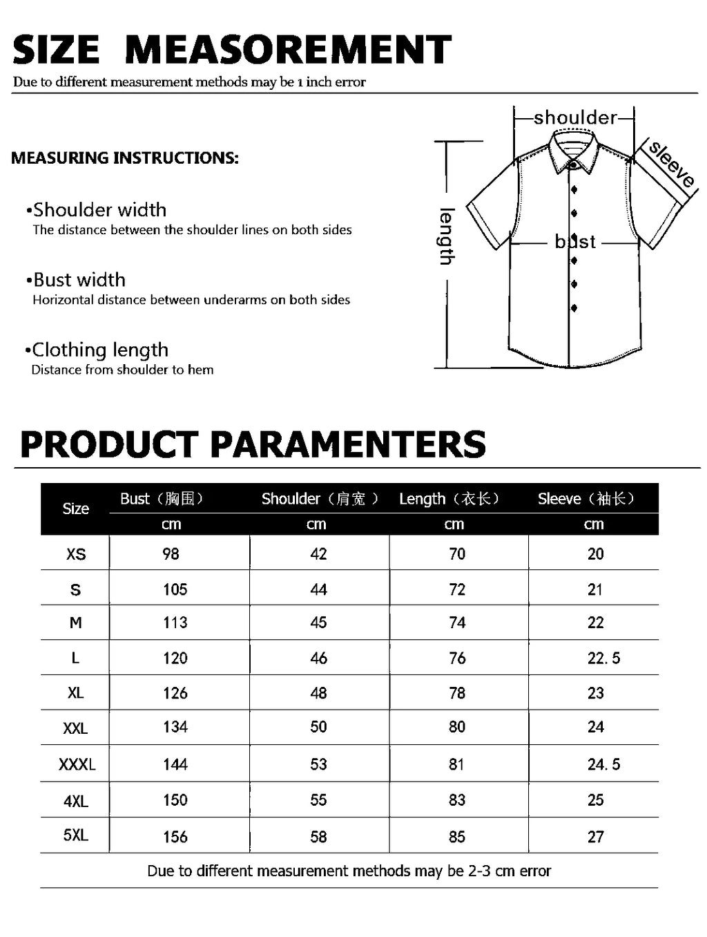Tabla de medidas para camisa de lino hombre estampado gato, incluyendo tamaño y dimensiones en cm.