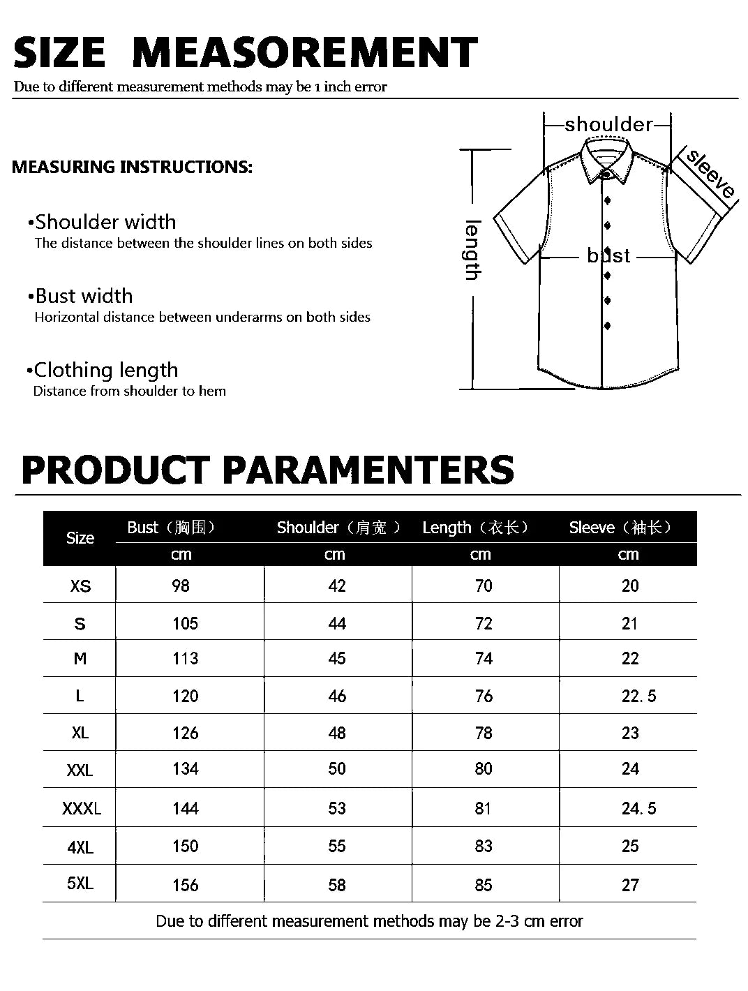 Tabla de medidas para camisa de lino hombre estampado gato, incluyendo tamaño y dimensiones en cm.
