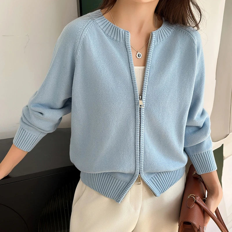 YTFidio 100% de algodón para mujer, cárdigan liso con cremallera gruesa y cuello redondo, ropa de diseñador de lujo, jersey para mujer, Tops femeninos 401
