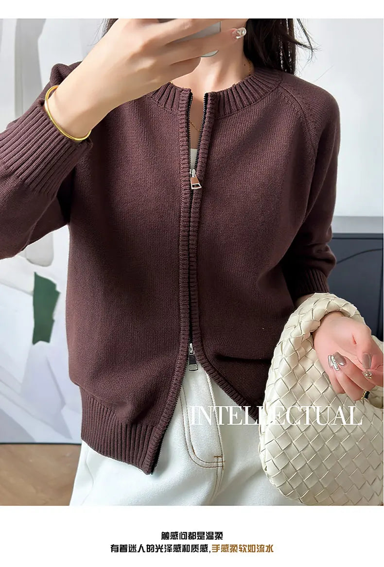 YTFidio 100% de algodón para mujer, cárdigan liso con cremallera gruesa y cuello redondo, ropa de diseñador de lujo, jersey para mujer, Tops femeninos 401