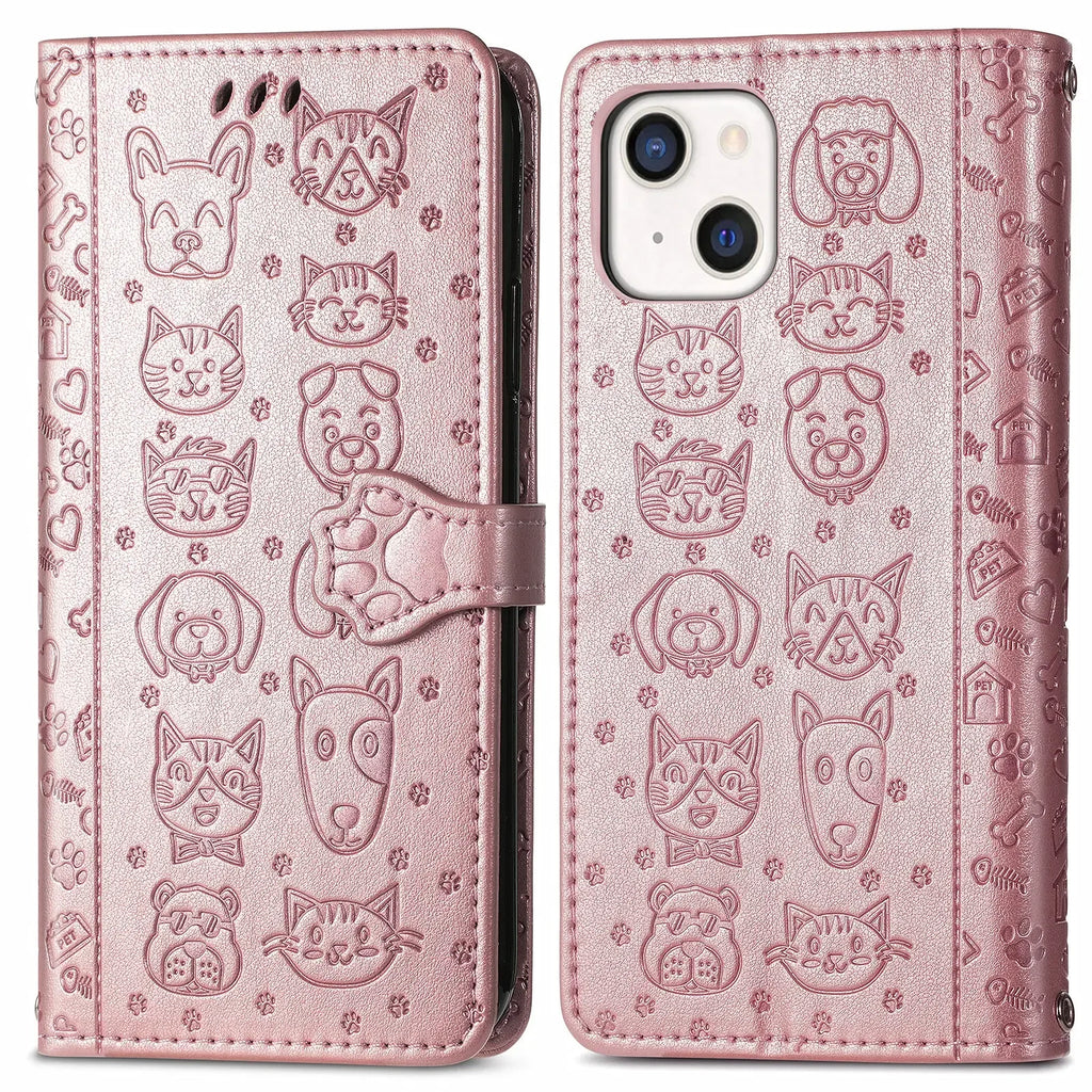 Funda de cuero de lujo con diseño de perro y gato para iPhone 16 15 14 13 12 11 Pro X XR XS MAX 8 7 Plus, bonita funda para teléfono con ranuras para tarjetas, cartera Coque