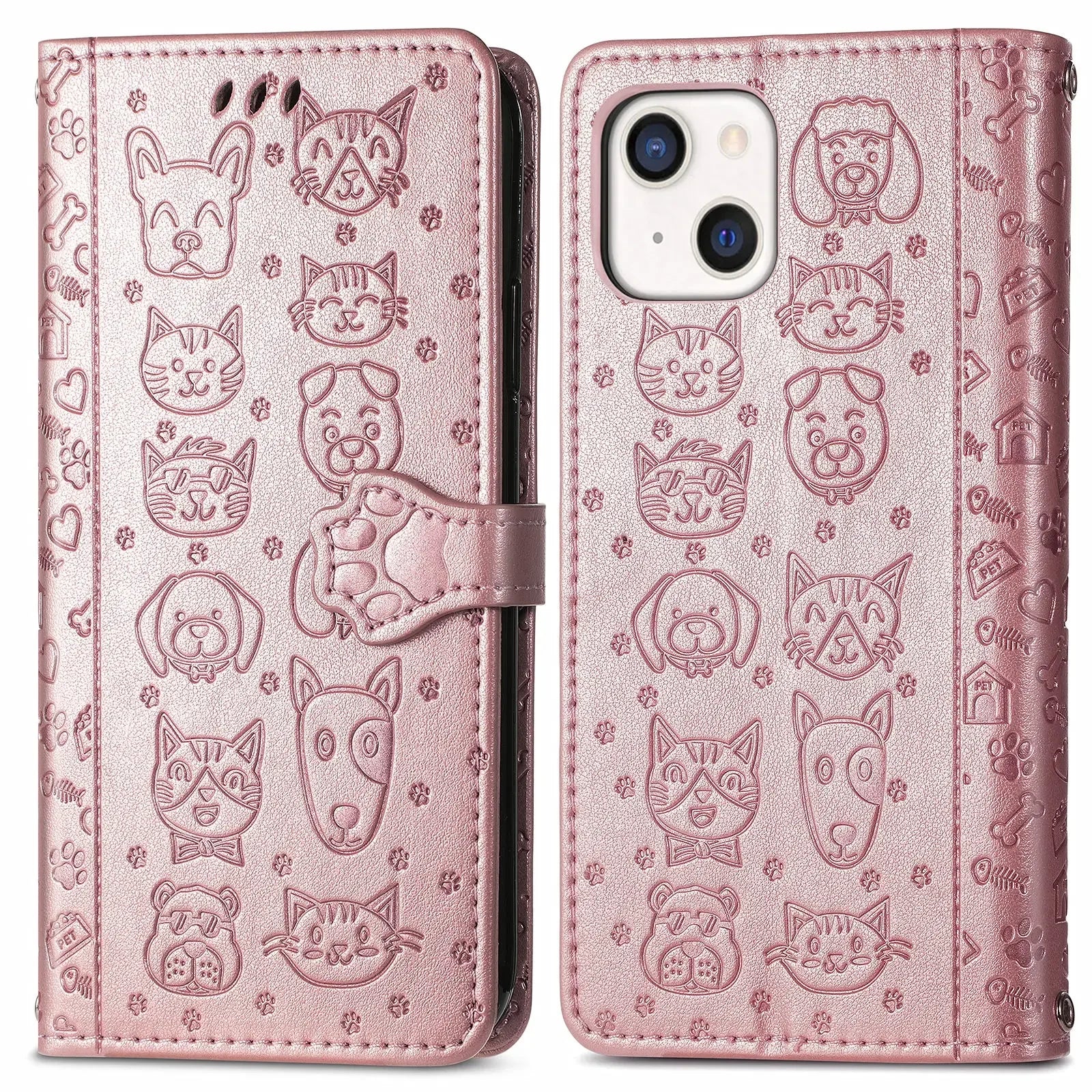 Funda de cuero de lujo con diseño de perro y gato para iPhone 16 15 14 13 12 11 Pro X XR XS MAX 8 7 Plus, bonita funda para teléfono con ranuras para tarjetas, cartera Coque