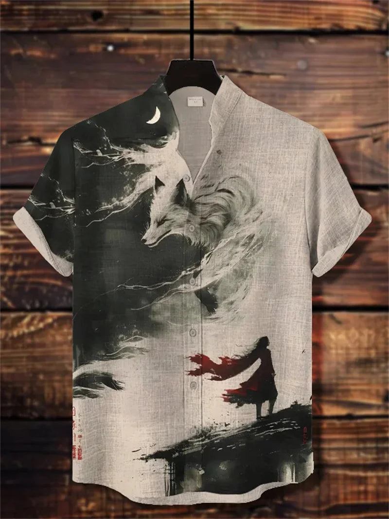 Camisa de lino hombre estampado gato, camisa de manga corta artística con diseño vintage.