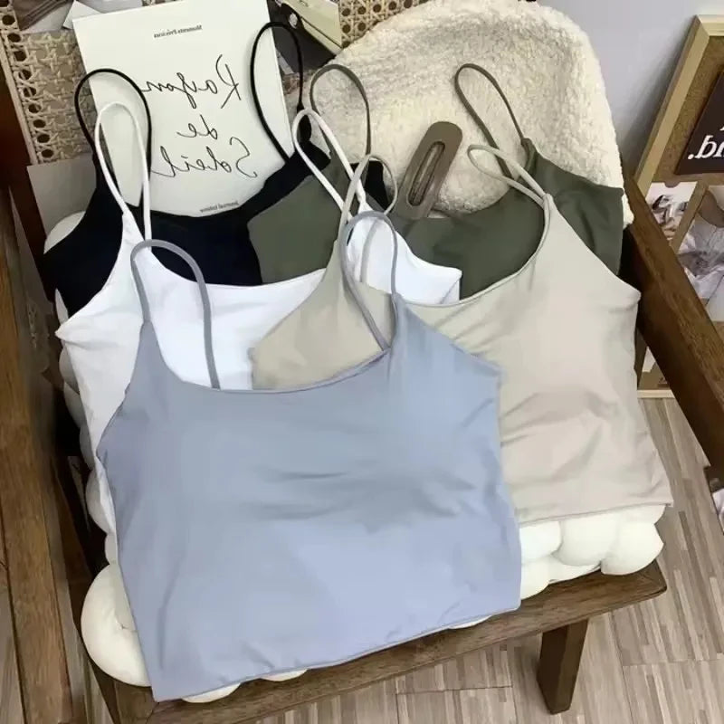 Top con sujetador de verano para mujer, Top corto de seda helada, Tops de tubo sin costuras, camisola, ropa interior, moda coreana, Bralette con relleno liso, chaleco
