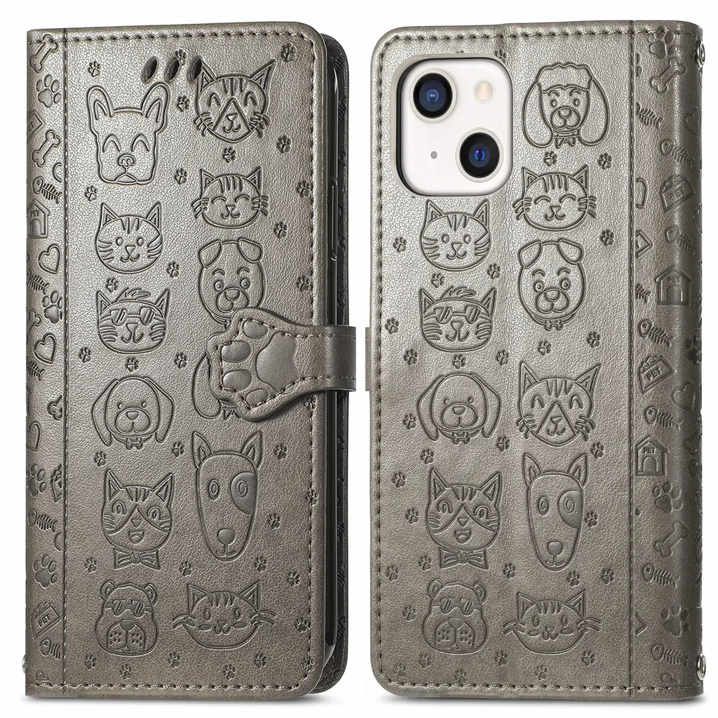 Funda de cuero de lujo con diseño de perro y gato para iPhone 16 15 14 13 12 11 Pro X XR XS MAX 8 7 Plus, bonita funda para teléfono con ranuras para tarjetas, cartera Coque