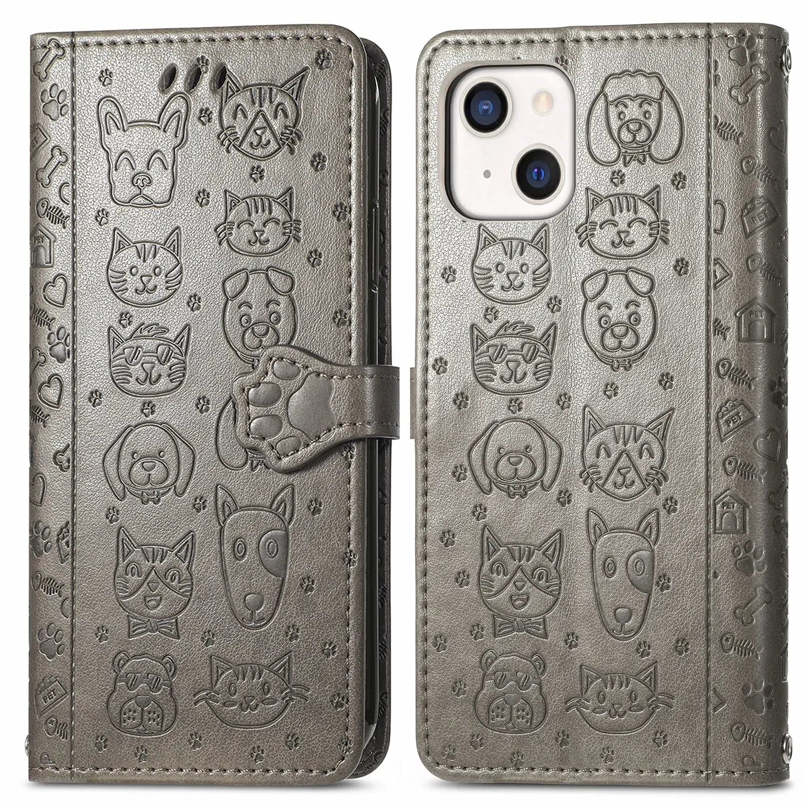 Funda de cuero de lujo con diseño de perro y gato para iPhone 16 15 14 13 12 11 Pro X XR XS MAX 8 7 Plus, bonita funda para teléfono con ranuras para tarjetas, cartera Coque