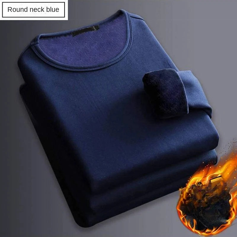 Camiseta térmica de manga larga para hombre, camisa de fondo de lana, camisa de cuello redondo, camiseta acolchada de terciopelo a la moda, invierno