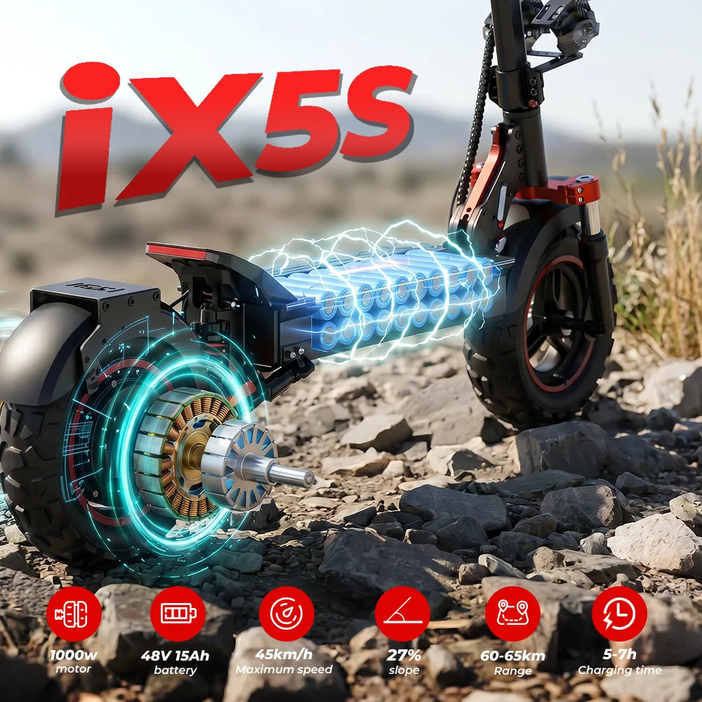 Patinete eléctrico iScooter iX5s de 15 Ah y 1000 W, potente, antideslizante, todoterreno, con neumático, autonomía de 65 km y 45 km/h.
