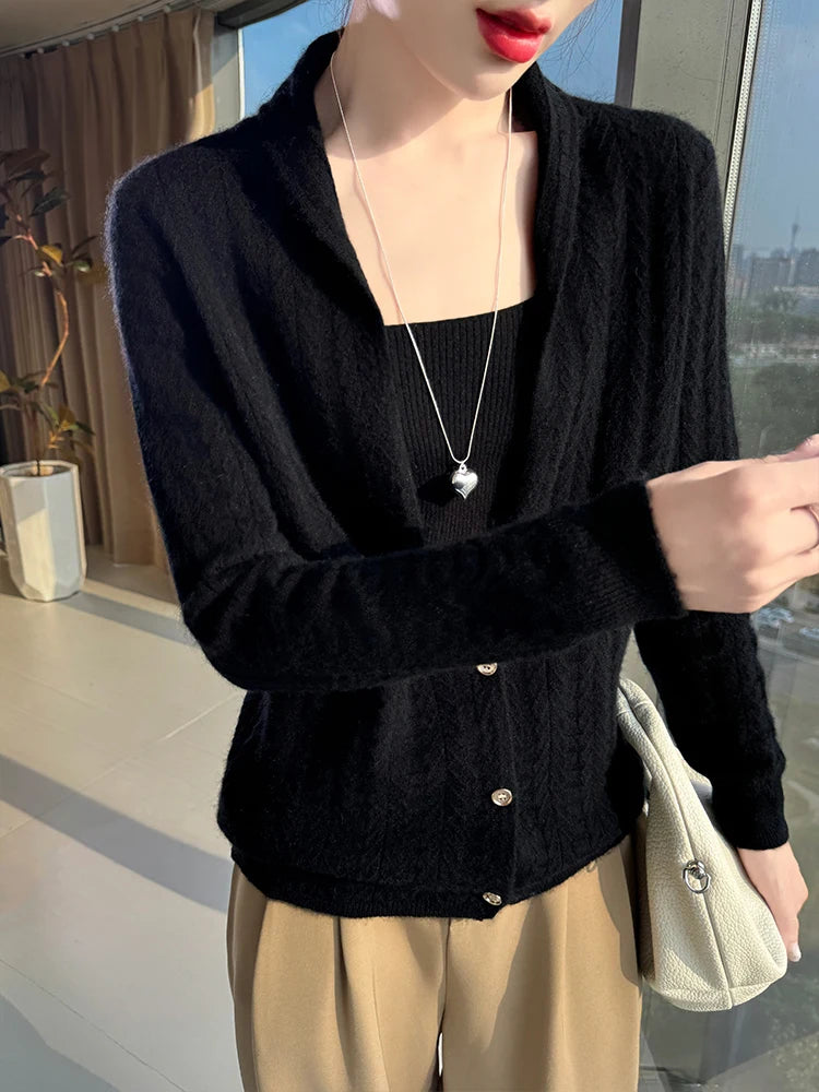 Cárdigan con cuello de bufanda para mujer, Tops, Otoño Invierno, nuevo suéter elegante de lana merina de 100%, suéter de lana elegante para mujer, blusa suave elegante