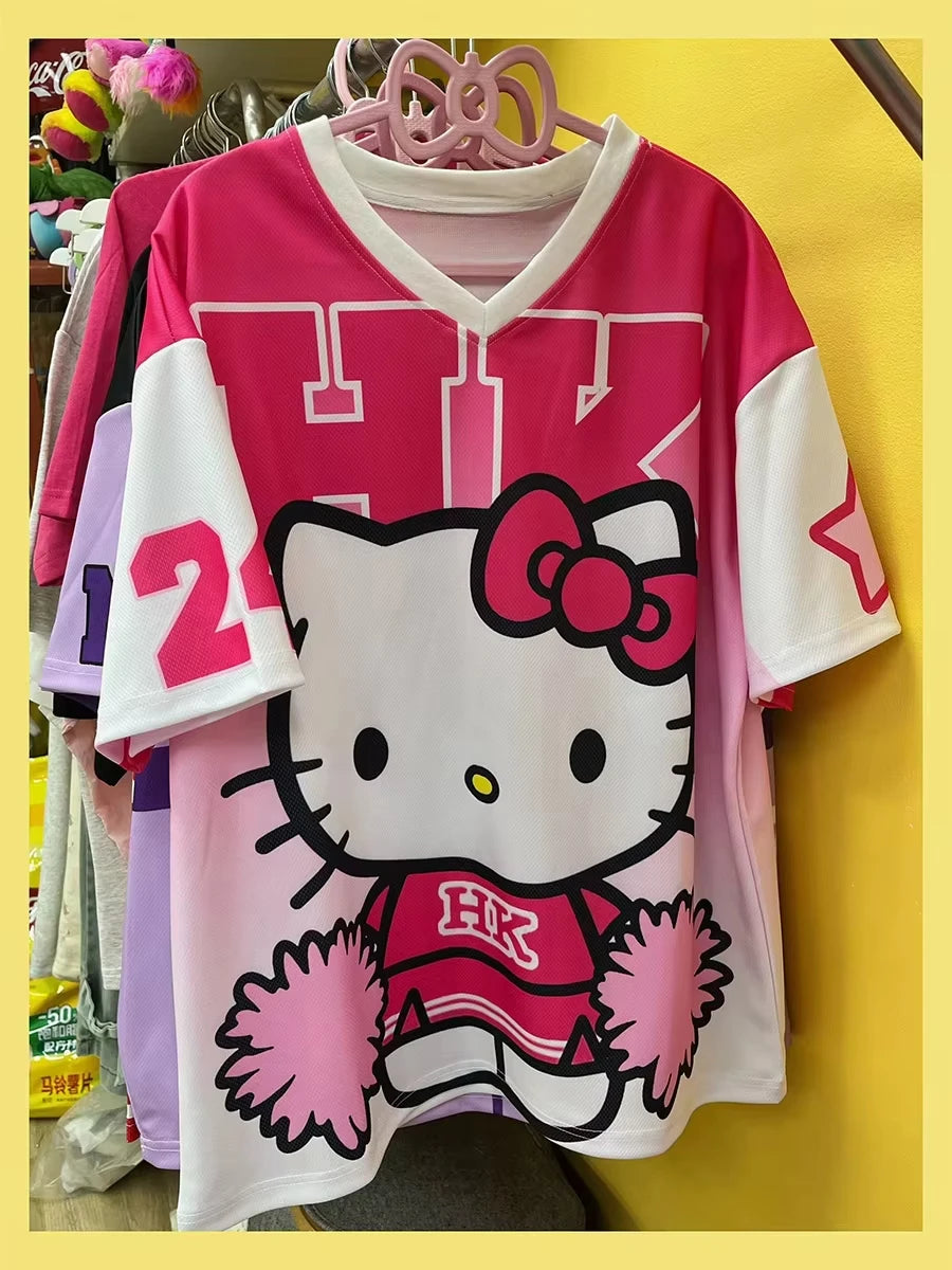 Camiseta de dibujos animados de Hello Kitty, ropa deportiva de moda para mujeres y hombres, pijamas con cuello en V, ropa de calle holgada informal ligera y transpirable, Tops