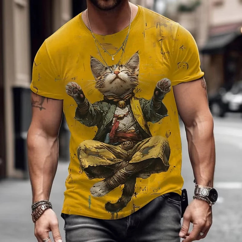 Camiseta de gato divertida para hombre, camiseta amarilla con gráfico de gato meditando para uso diario.