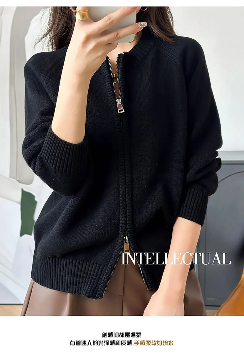 YTFidio 100% de algodón para mujer, cárdigan liso con cremallera gruesa y cuello redondo, ropa de diseñador de lujo, jersey para mujer, Tops femeninos 401