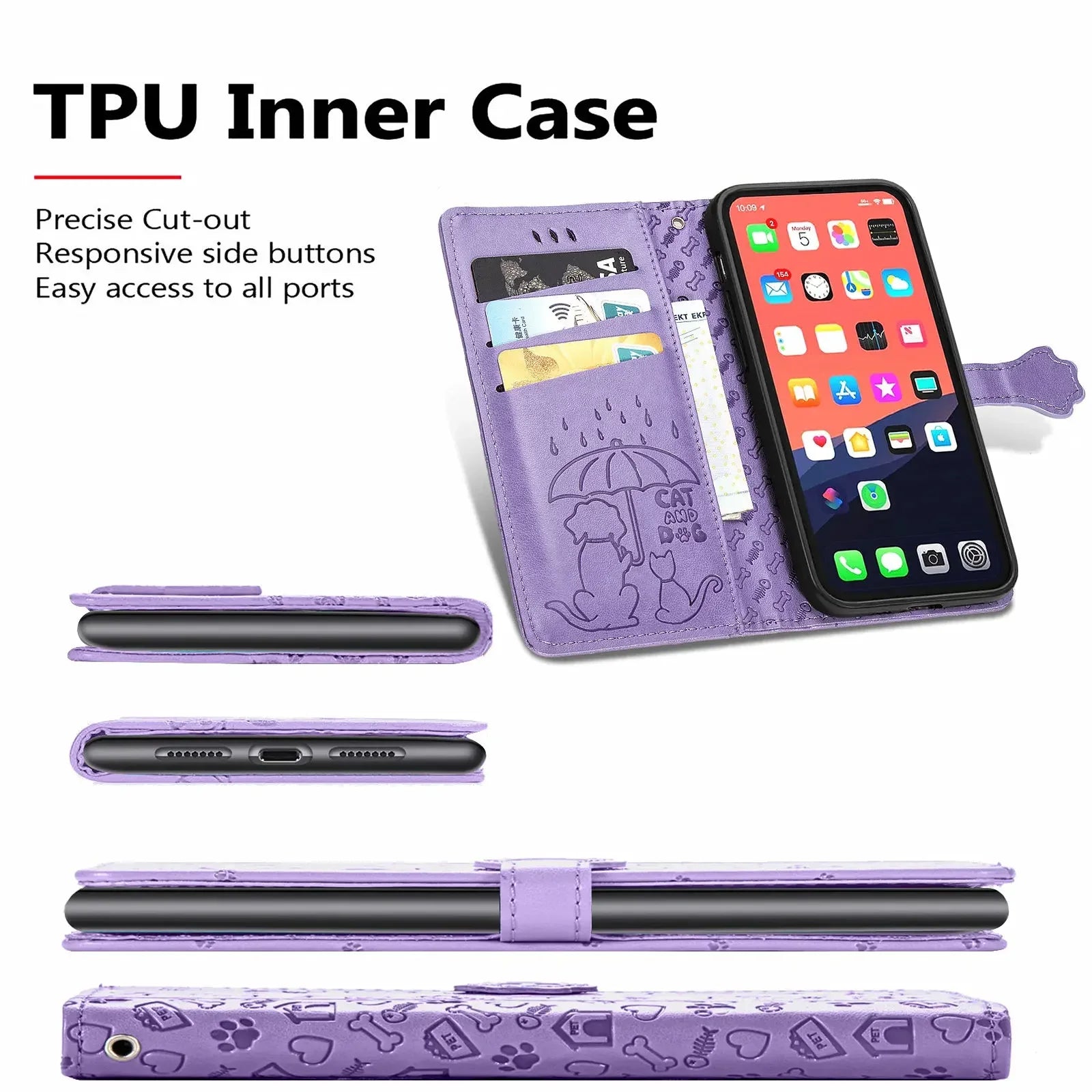 Funda de cuero de lujo para iPhone con diseño de perro y gato, color púrpura con ranuras para tarjetas.