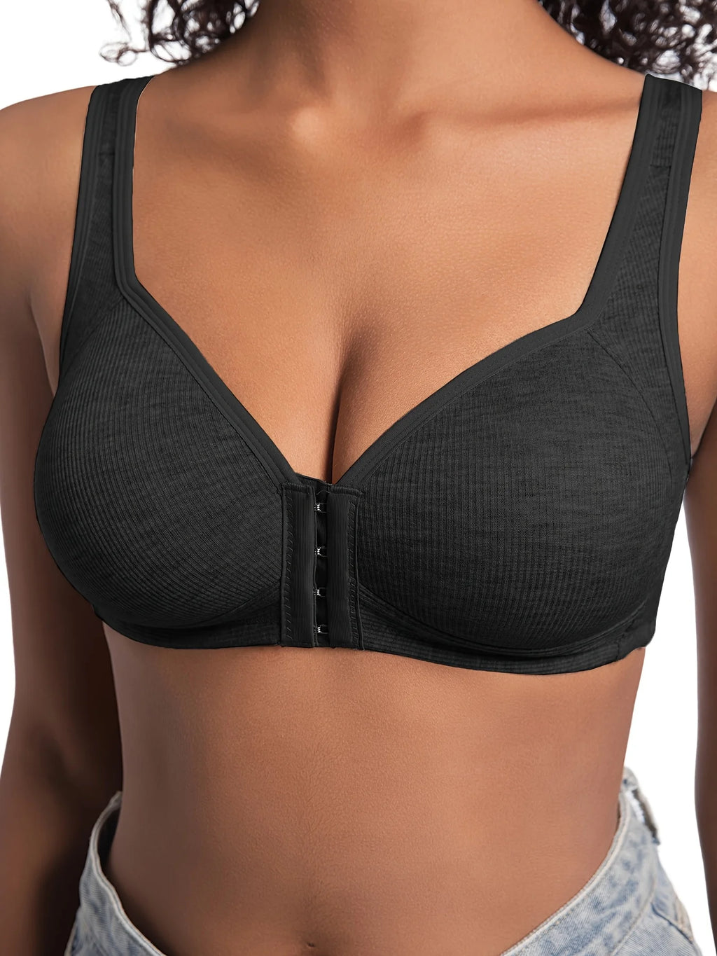 Sujetador de mujer sin aros con cierre frontal, color sólido, cobertura total, copas fijas, más consideradas para personas de mediana edad y mayores individuales