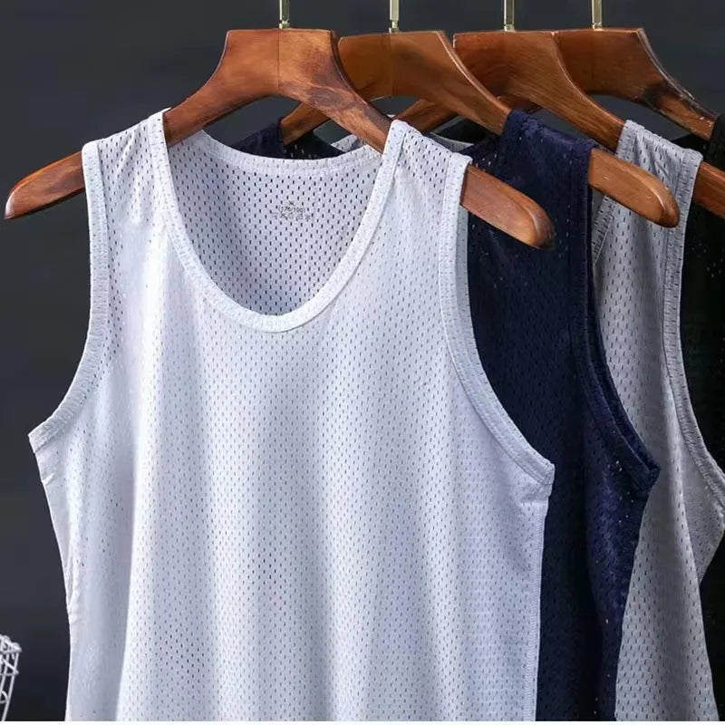 Camisetas sin mangas de malla de seda helada para hombre, camiseta sin mangas transparente para culturismo, chaleco de Fitness, camisetas musculosas de malla para hombre, 1 ud.