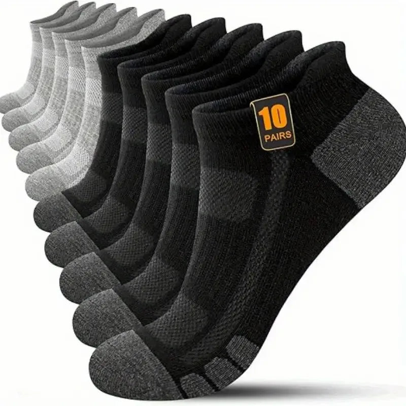 10 pares de calcetines deportivos de corte bajo de Color sólido para hombre, calcetines informales reforzados resistentes al desgaste que absorben el sudor, malla transpirable para todas las estaciones
