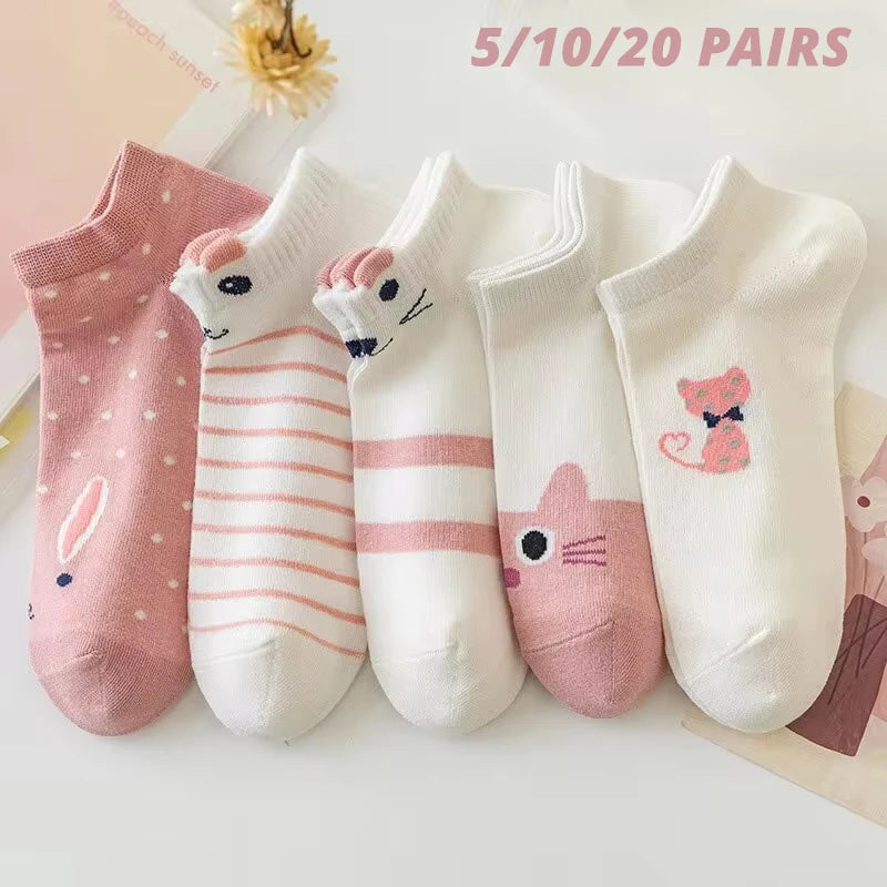 5/10/20 pares de calcetines de tubo corto para mujer, calcetines finos de gato rosa para las cuatro estaciones, bonitos calcetines de barco, calcetines bajos Ins a la moda