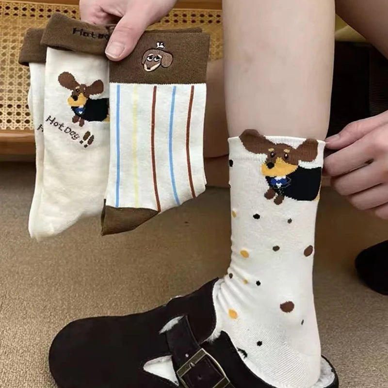 【N】 Calcetines divertidos de algodón con animales de perro salchicha, calcetines lindos y cálidos con estampado de dibujos animados de perro salchicha para otoño e invierno