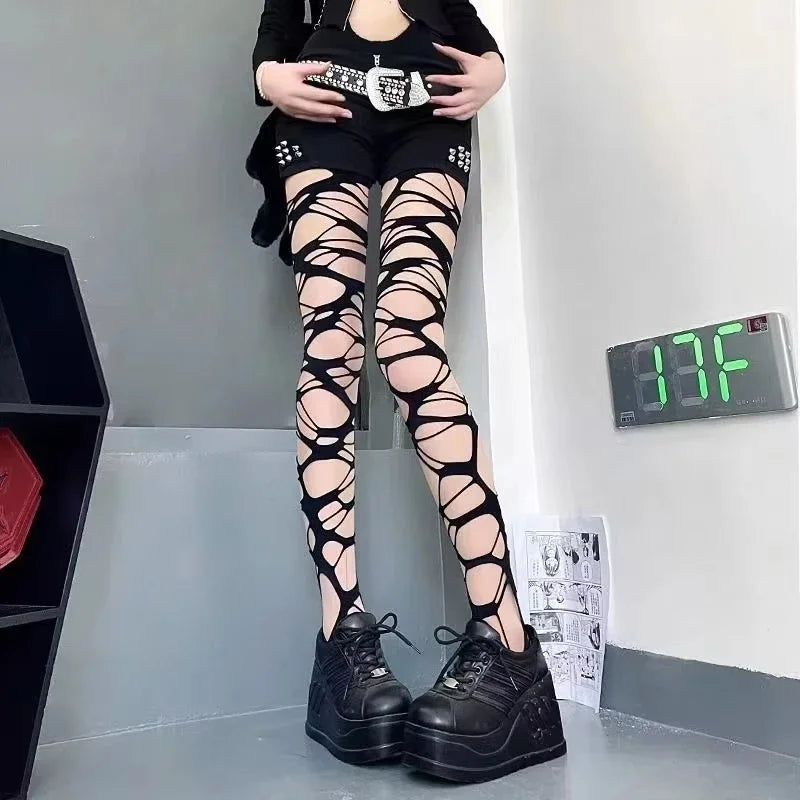 Medias de red rasgadas negras sexis para mujer, pantimedias de malla ajustadas con agujeros Punk gótico, mallas, estilo Emo, ropa de calle Egirl