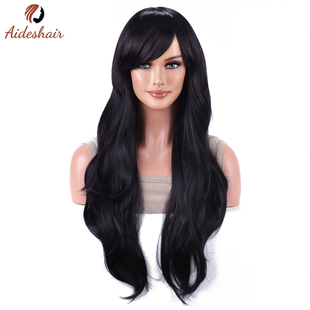 Peluca sintética Aideshair, pelucas de moda de 28 "y 70cm de largo, pelo rizado ondulado, peluca resistente al calor, peluca de Cosplay para mujeres con gorro de peluca gratis