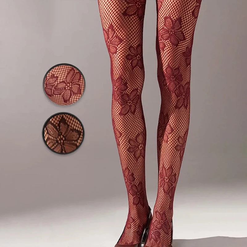 Kave medias estampadas de rejilla de encaje ahuecado negro de alta elasticidad para mujer nailon suave Color sólido dulce Panyhose refuerzo del dedo del pie