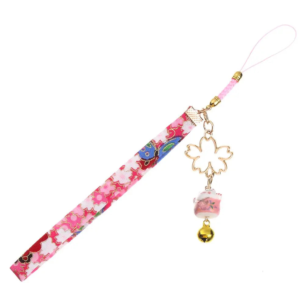 Cordón de correa para teléfono, cuerda colgante de muñeca, estilo japonés, antipérdida, Sakura, gato de la suerte, 1 unidad