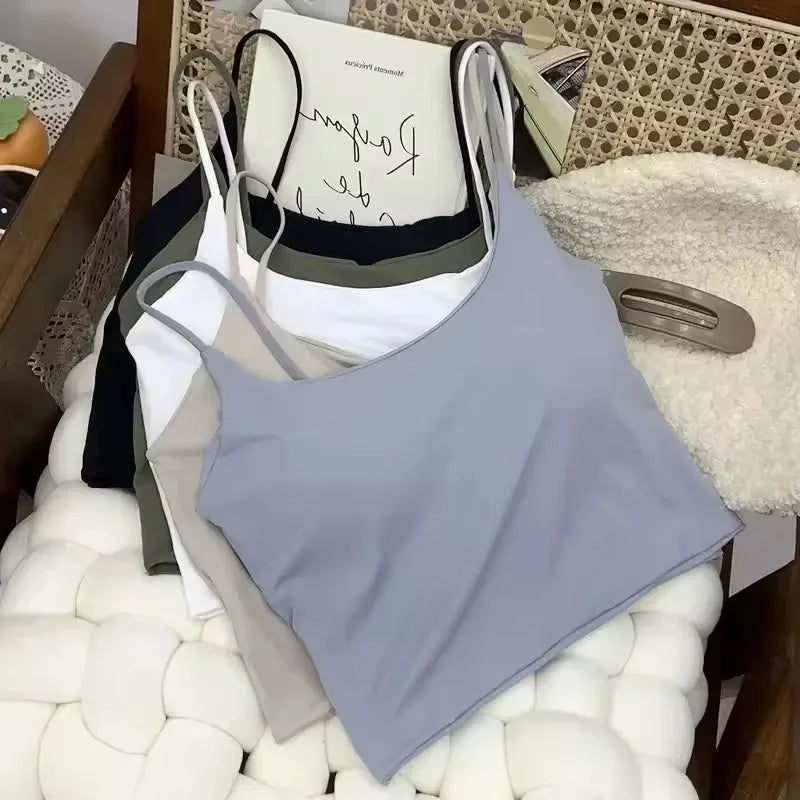 Top con sujetador de verano para mujer, Top corto de seda helada, Tops de tubo sin costuras, camisola, ropa interior, moda coreana, Bralette con relleno liso, chaleco