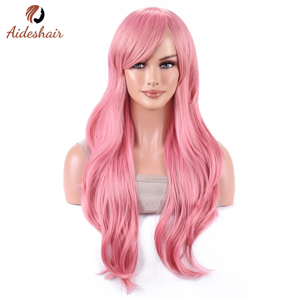 Peluca sintética Aideshair, pelucas de moda de 28 "y 70cm de largo, pelo rizado ondulado, peluca resistente al calor, peluca de Cosplay para mujeres con gorro de peluca gratis