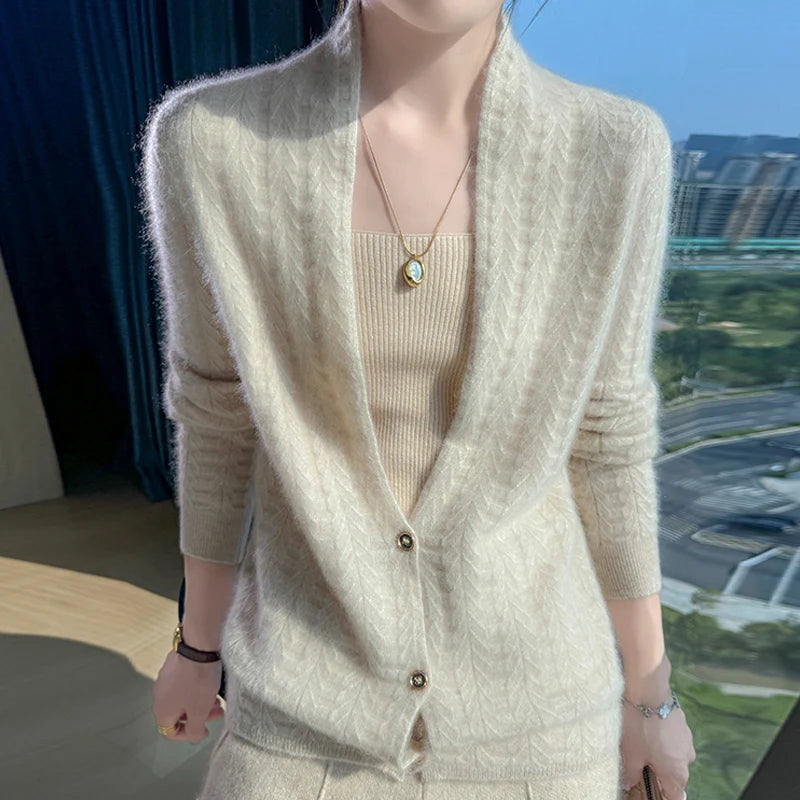 Cárdigan con cuello de bufanda para mujer, Tops, Otoño Invierno, nuevo suéter elegante de lana merina de 100%, suéter de lana elegante para mujer, blusa suave elegante
