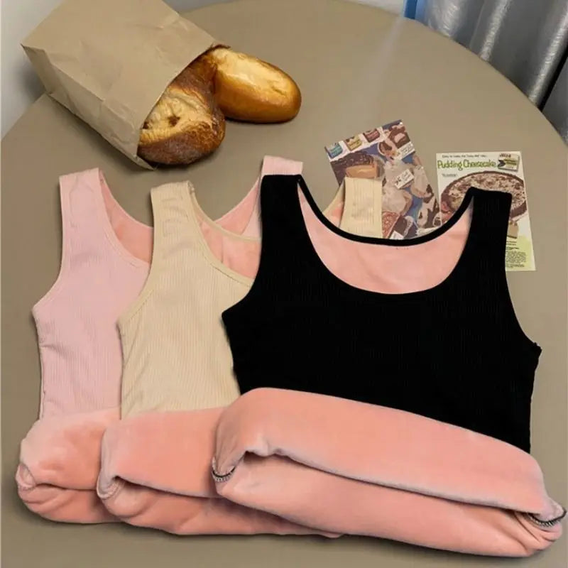 Ropa interior térmica de invierno para mujer, Top sin costuras, camisa de terciopelo, chaleco sin mangas, camiseta interior cálida para mujer, lencería Sexy de Color sólido