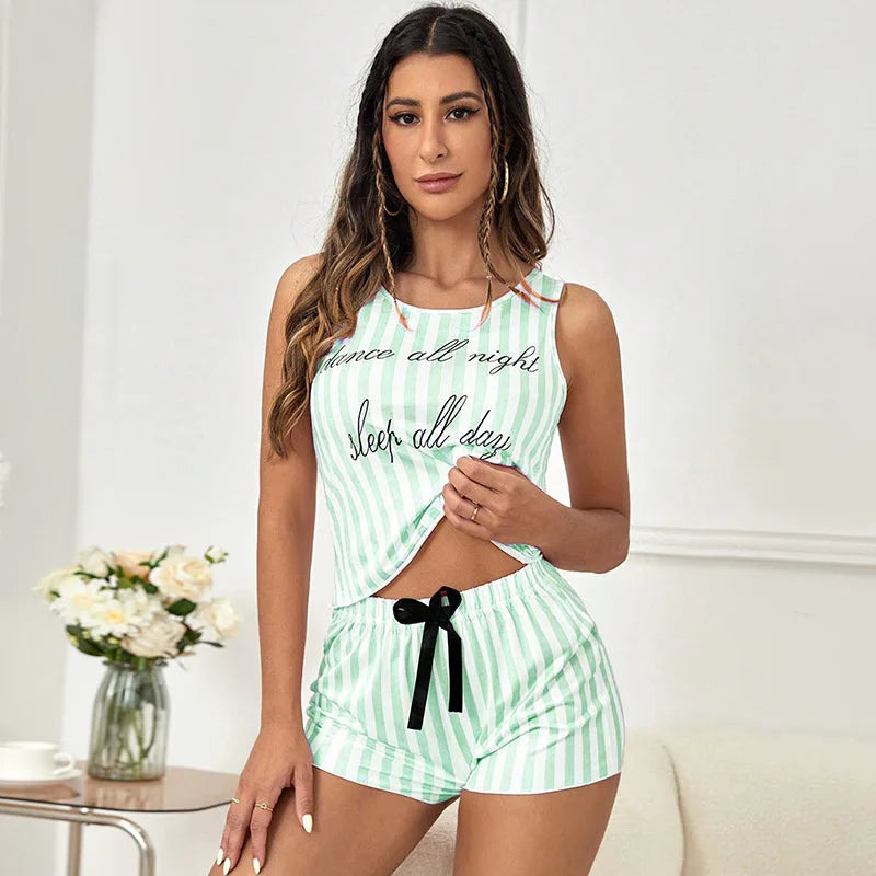 Pijamas para mujer, ropa de dormir con estampado de rayas de verano, pijama de algodón sintético con cuello redondo, camiseta sin mangas, pantalones cortos, ropa de dormir suave sin mangas para el hogar de 2 piezas