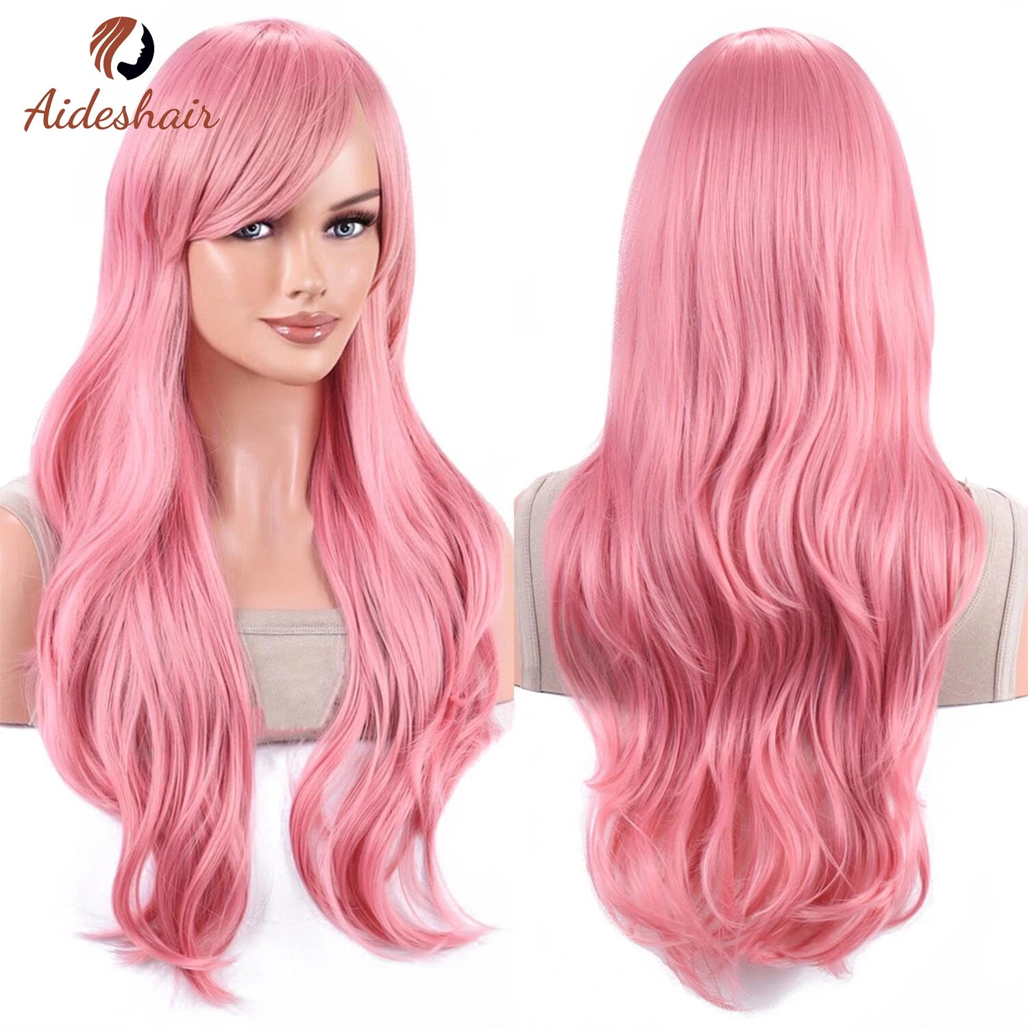 Peluca sintética Aideshair, pelucas de moda de 28 "y 70cm de largo, pelo rizado ondulado, peluca resistente al calor, peluca de Cosplay para mujeres con gorro de peluca gratis