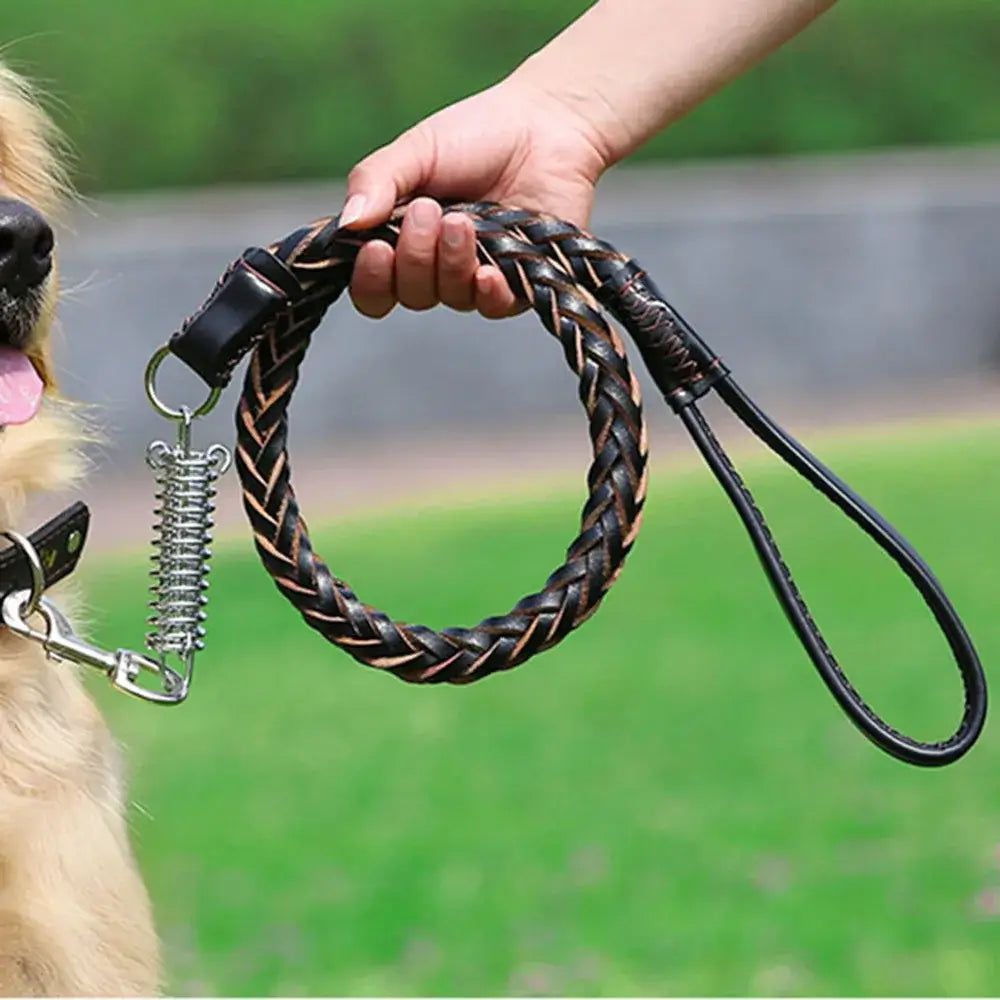 Correa de cuero para perros grandes duradera en mano, trenzada y resistente, ideal para entrenamiento.