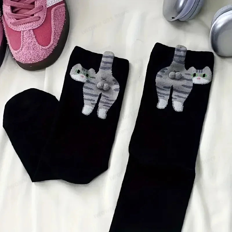 Calcetines Divertidos con Diseño de Gato, Negros/Blancos, Transpirables, Suaves, para Mujer, Novedad, Regalo Kawaii