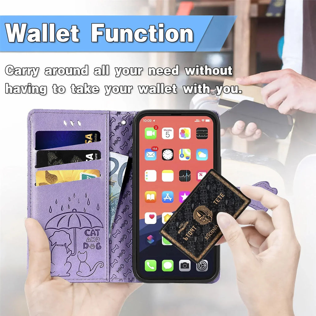 Funda de cuero de lujo para iPhone con diseño de perro y gato con función de cartera y ranuras para tarjetas.