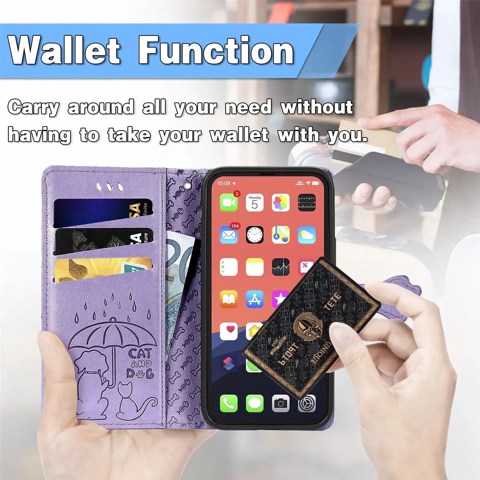Funda de cuero de lujo para iPhone con diseño de perro y gato con función de cartera y ranuras para tarjetas.
