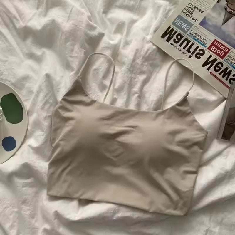Top con sujetador de verano para mujer, Top corto de seda helada, Tops de tubo sin costuras, camisola, ropa interior, moda coreana, Bralette con relleno liso, chaleco