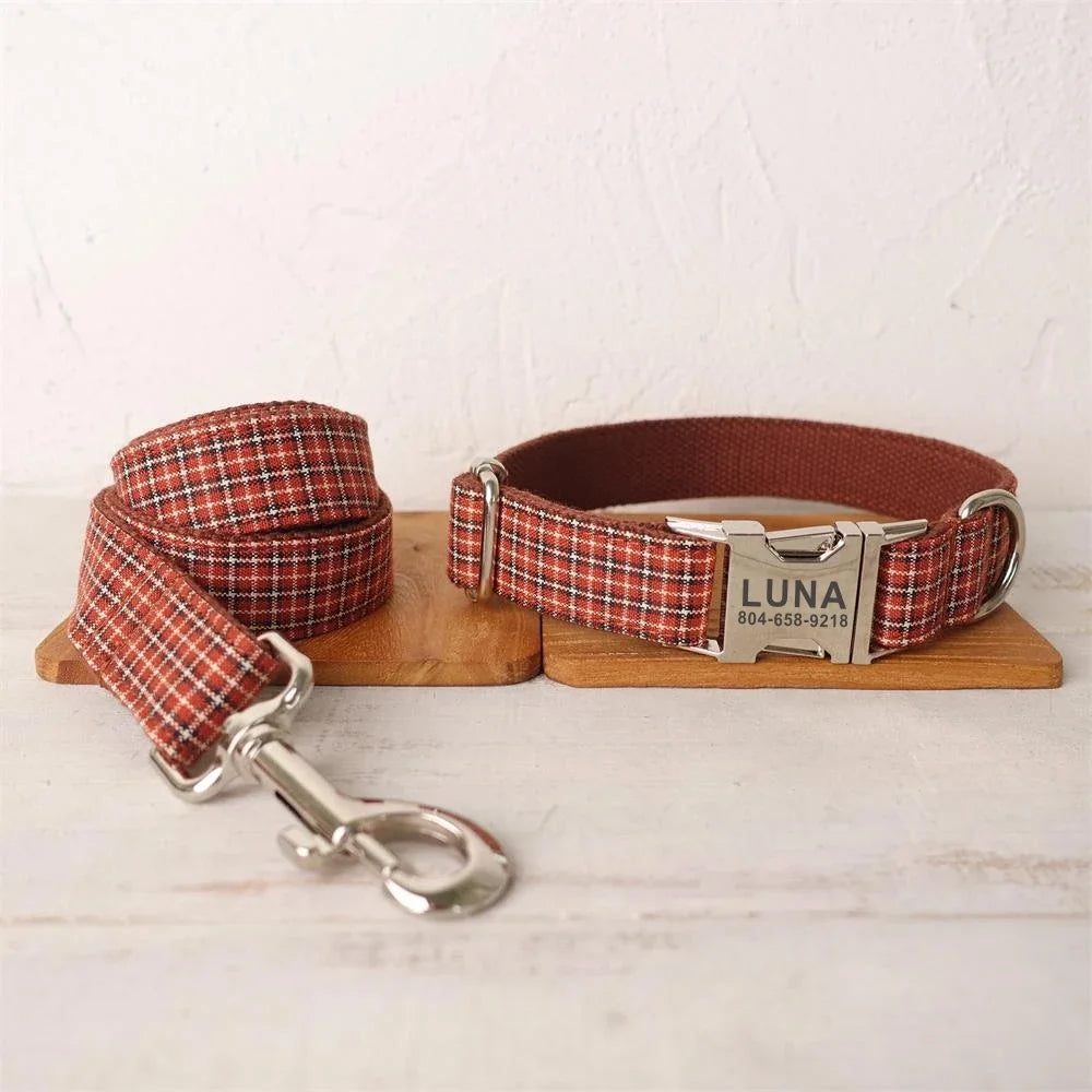 Collar personalizado para perro a cuadros rojo y marrón con correa y grabado gratis