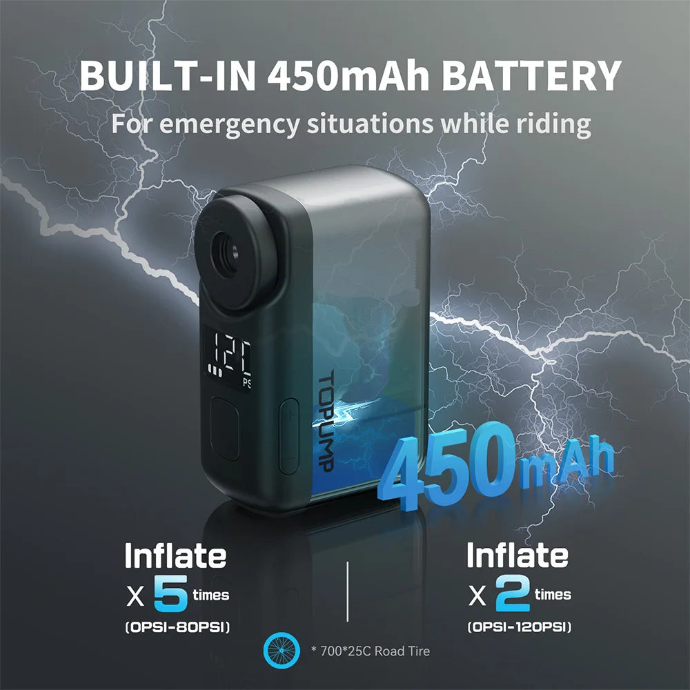 TOPUMP TB2 PRO Mini bomba eléctrica portátil para bicicleta Inflador de neumáticos inalámbrico 120PSI Max 450mAh batería con pantalla de carga rápida