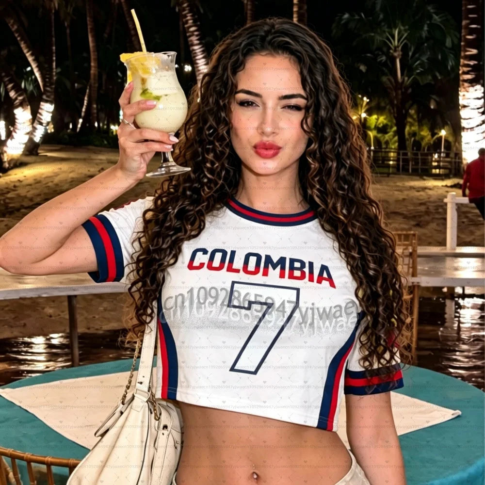 Uniformes de animadora para mujer, camiseta de fútbol, camiseta corta de fútbol de Colombia, camiseta informal de verano para fanáticas del fútbol