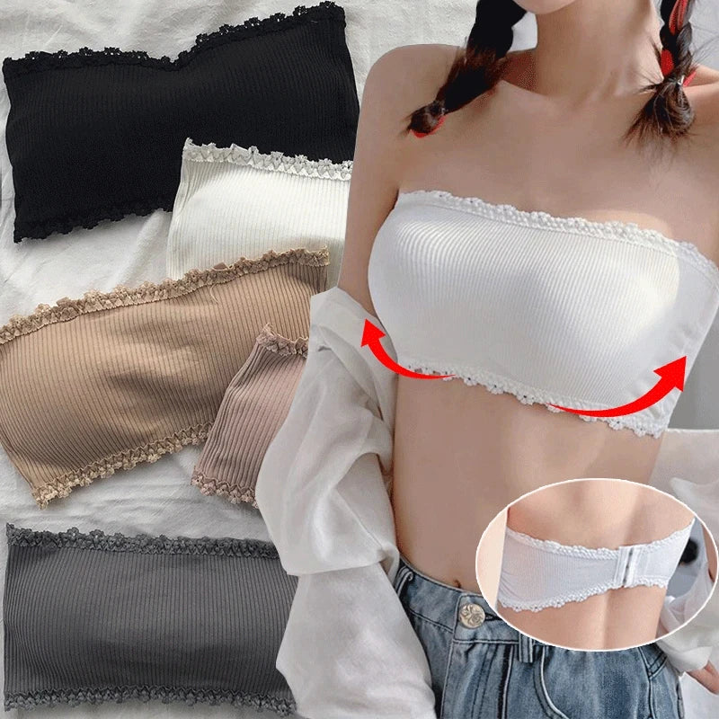 Sujetadores sin tirantes de verano para mujer, Tops sexis de encaje en la espalda para el pecho, ropa interior transpirable sin costuras, sujetador Invisible sólido para envolver el pecho