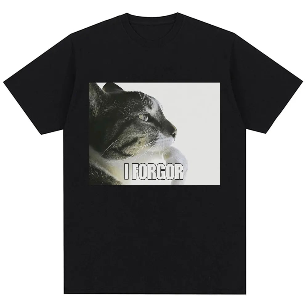 Camiseta gráfica de gato meme para mujer con diseño de gato y texto I FORGOR, estilo informal y vintage.